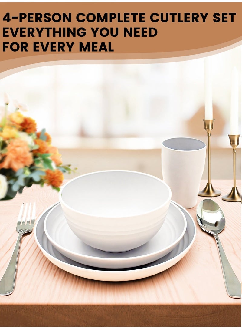 24 Pcs Dinnerware Set- Dinner Plates Set- Picnic & Camping- Unbreakable & Reusable- Includes 4 x 9in, 4 x 8in Plates, 4 x 6in Bowls, 4 Cups, 4 Stainless Steel Forks and Spoons- Kitchen, Dorm, Office - Image 5